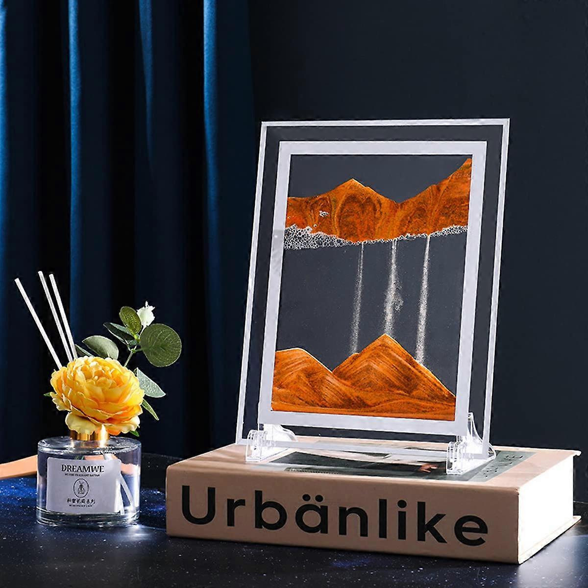 3D Dynamic Sand Art Liquid Motion Display, Yellow 7 Inch Glass Deep Sea Sandscape Frame for Relaxing Desk Decor