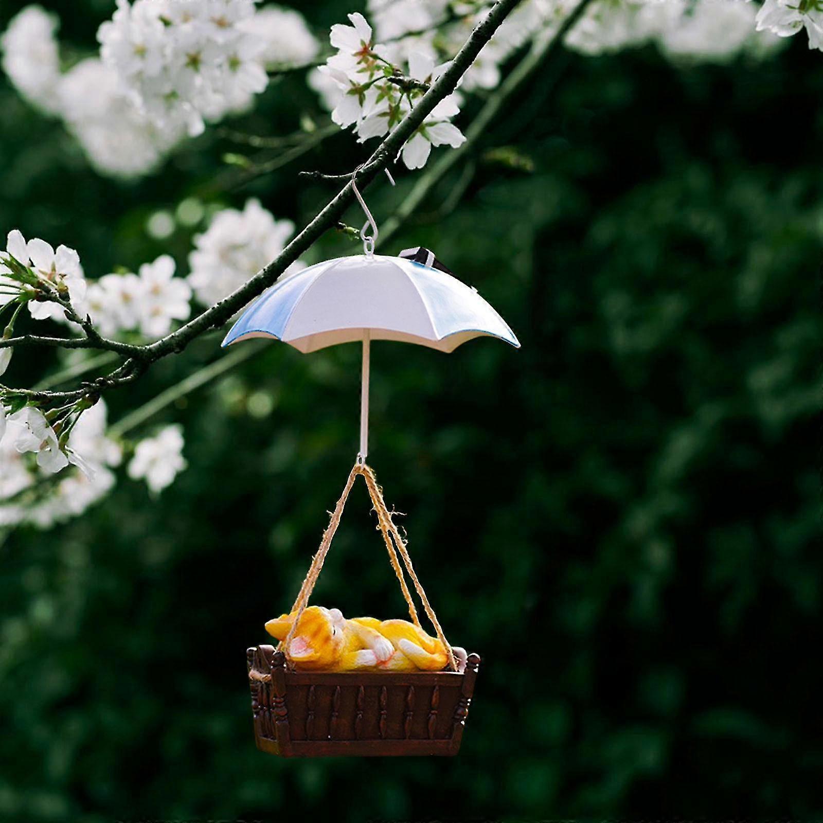 Charming Resin Figurine of a Sleeping Animal under an Umbrella - Solar Powered Hanging Light Ornament for Home, Patio, and Yard Decoration