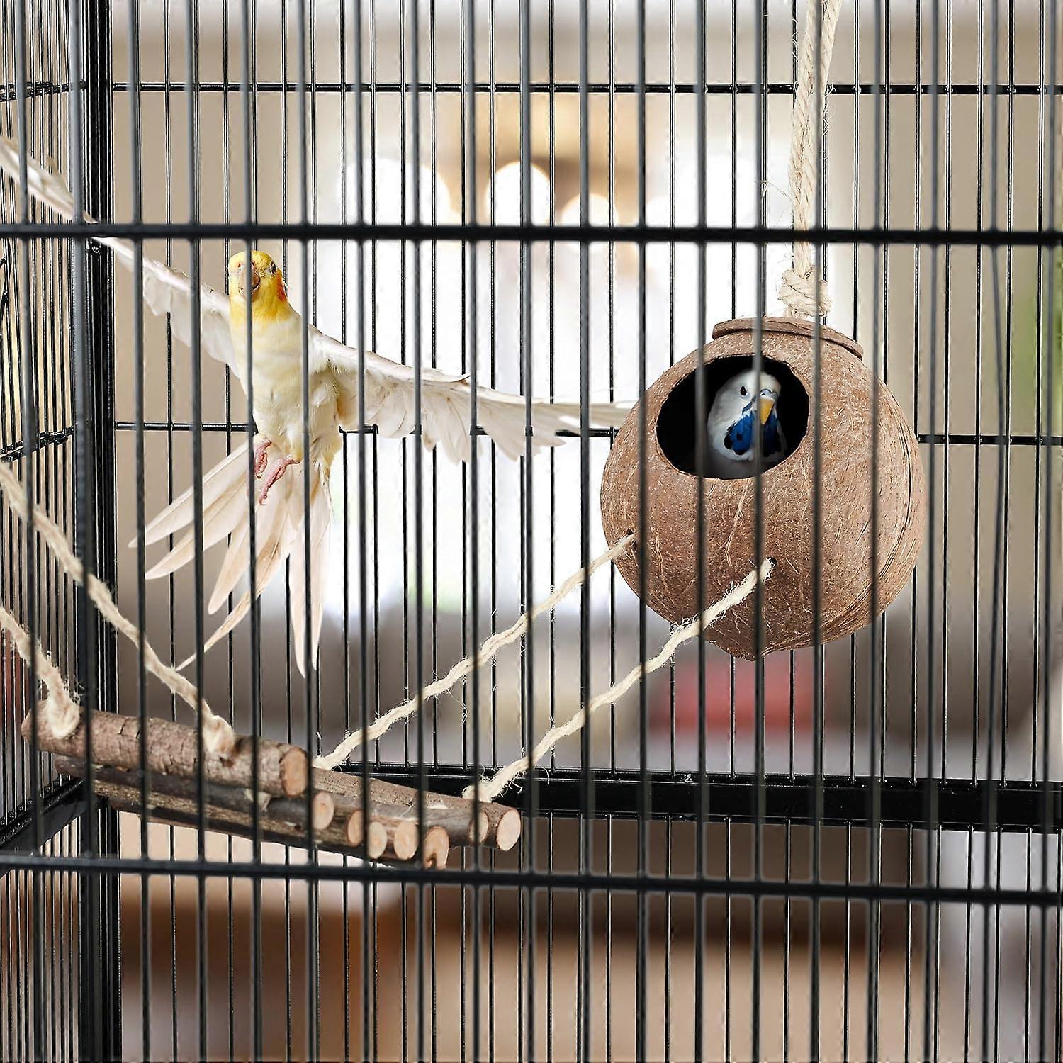 Image showcasing Bird Toy Wooden Ladder Coconut Shell Bird Cage Accessories for Budgie ...