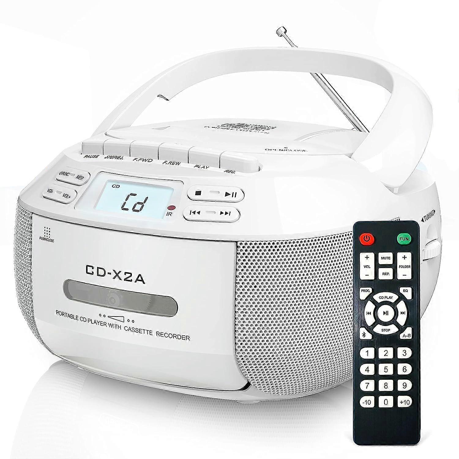 Portable CD Player, Boombox Cassette Player with Bluetooth, FM Radio, AUX/USB, LCD Screen (White)