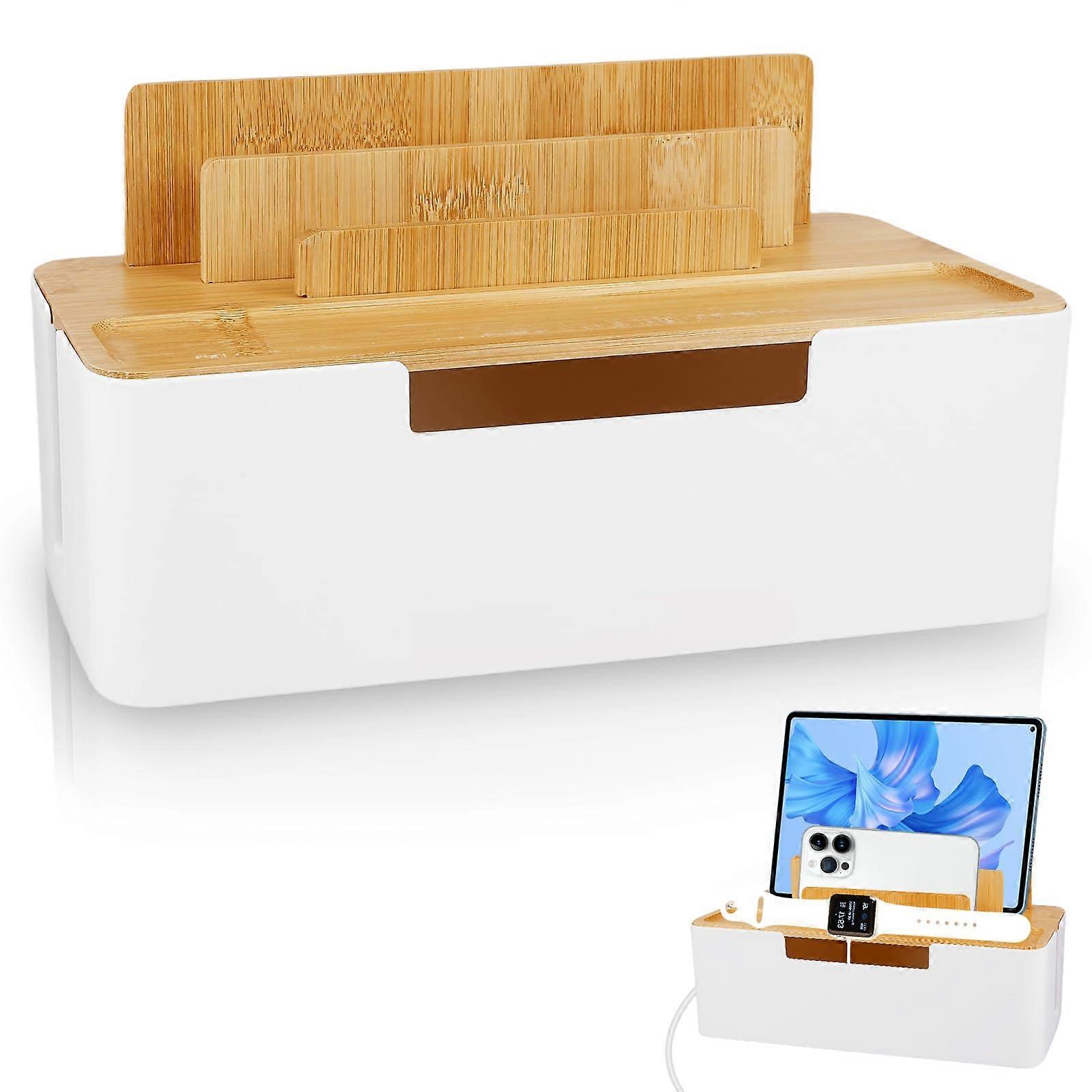 Cable Management Box with Wooden Lid, Large Storage for Power Strips, Phone & Tablet Holder, Desktop Organizer for Cables