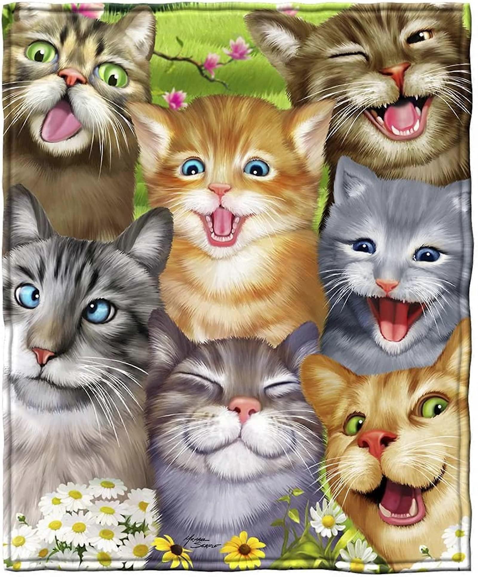 Fleece blanket with cat selfie print, for sofa, bedding, thin, warm, for kids and adults