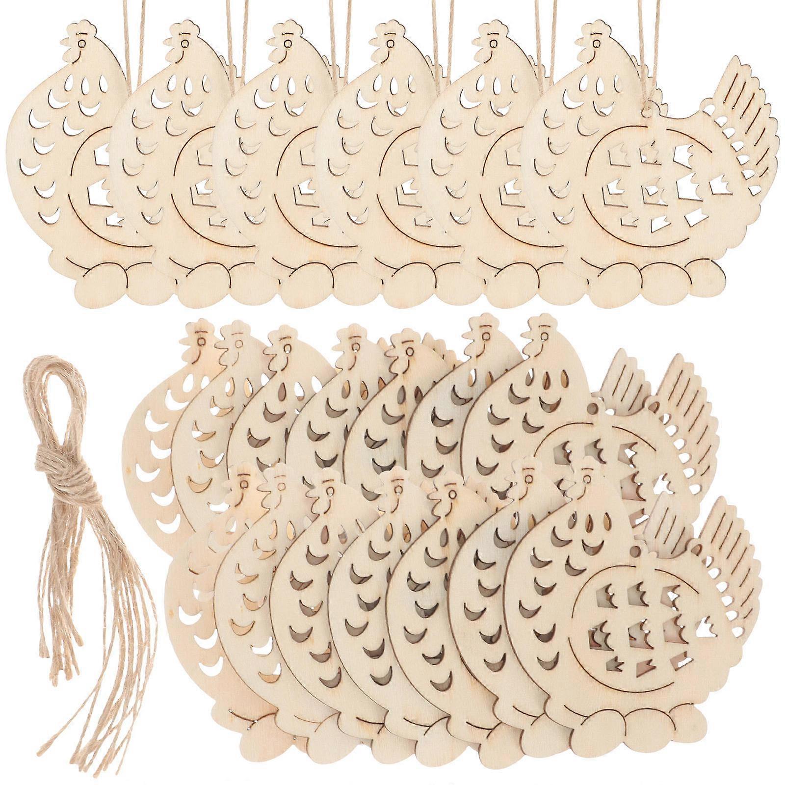 Wood Chicken Crafts Small Chicken Shape Diy Wood Slices Hemp Ropes 20Pcs Easter Party Decorative