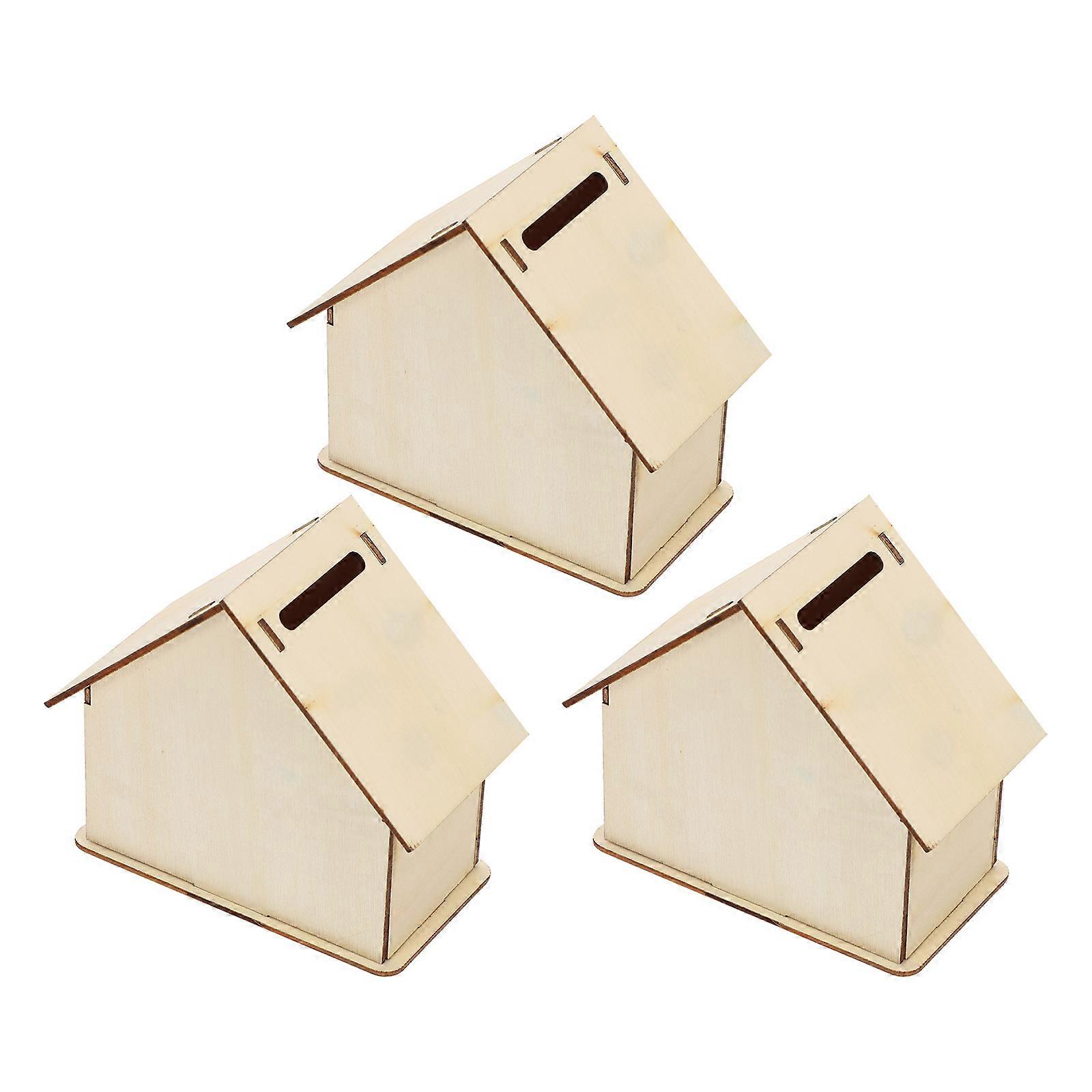 DIY Wooden House Shape Saving Pot for Storage Beige Color Synthetic Material 3 Pieces