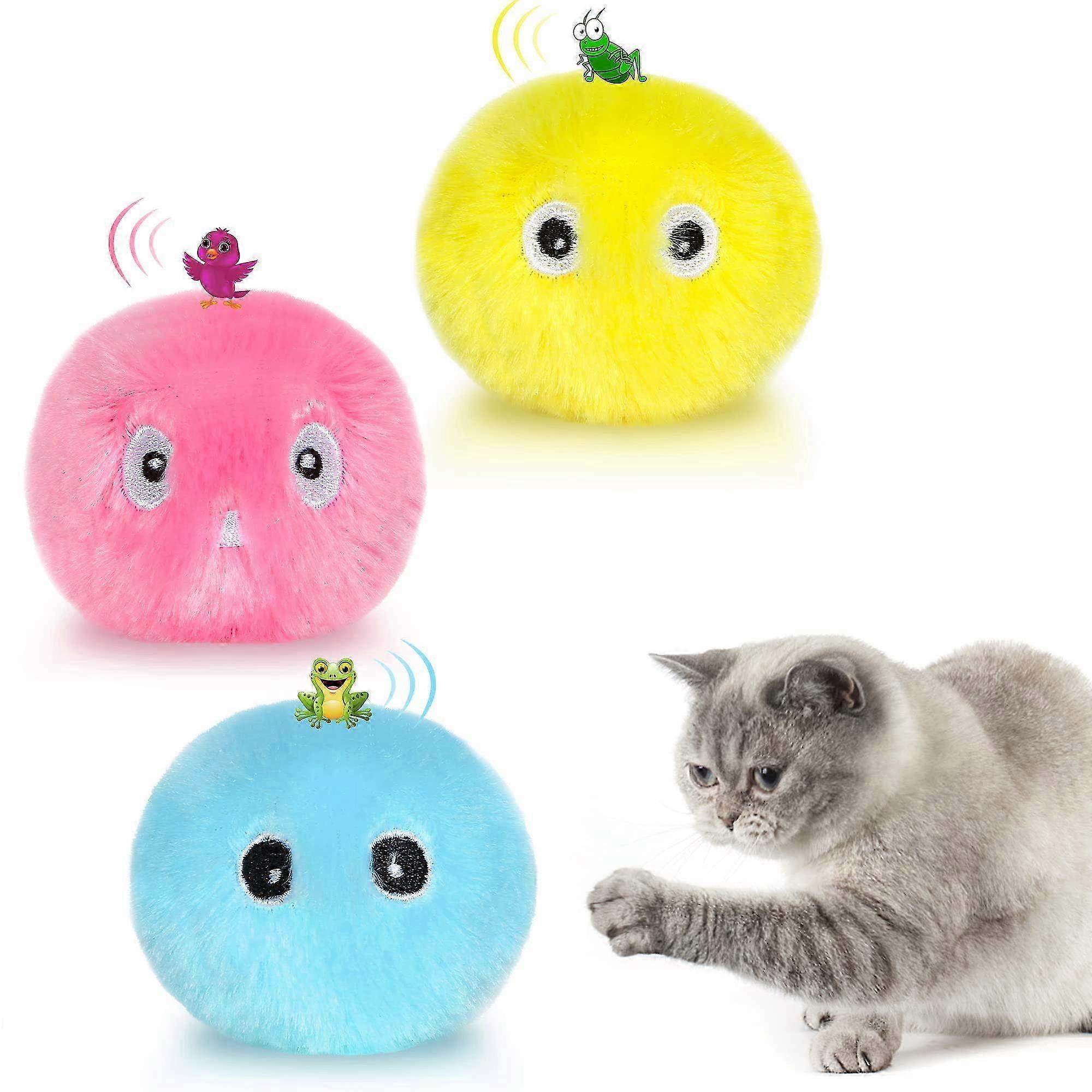 Pack of 3 Interactive Cat Toy Balls with Sound - Plush Kitten Balls That Mimic Lifelike Animal Sounds for Fun Playtime