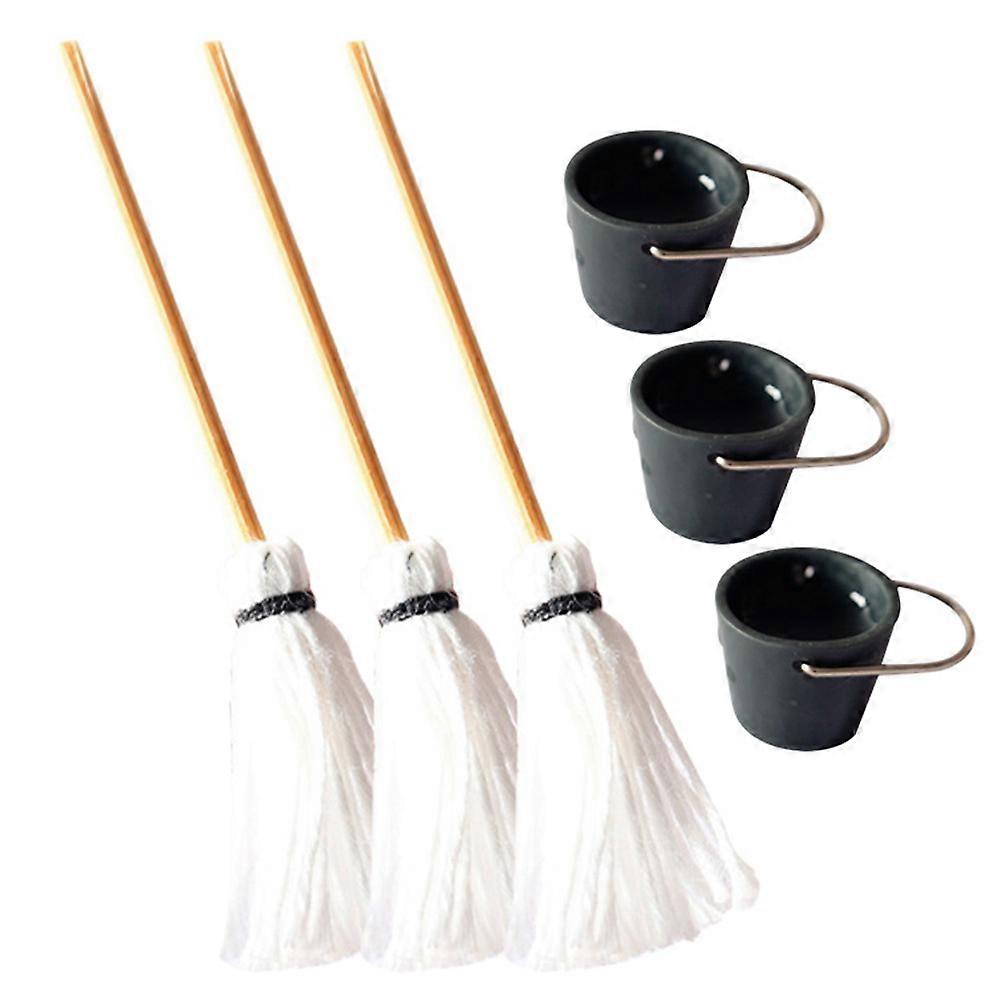 Mini Mop Bucket Set For Doll House And DIY Crafts Assorted Color Realistic Cleaning Tool 3 Sets
