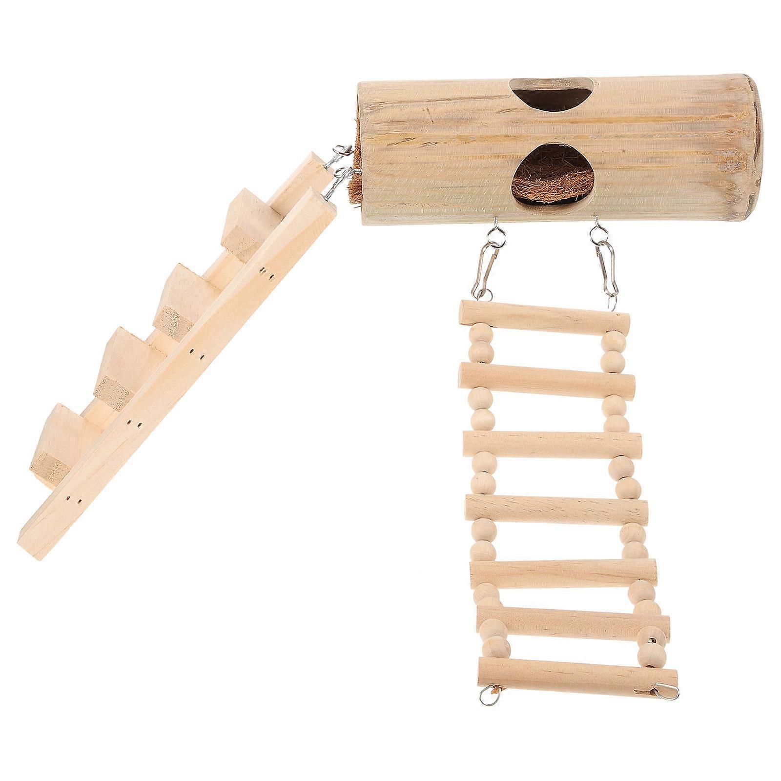Adorable Beige Bamboo Hamster Nest with Climbing Ladder for Kids 1 Set Small Pets Safe Material