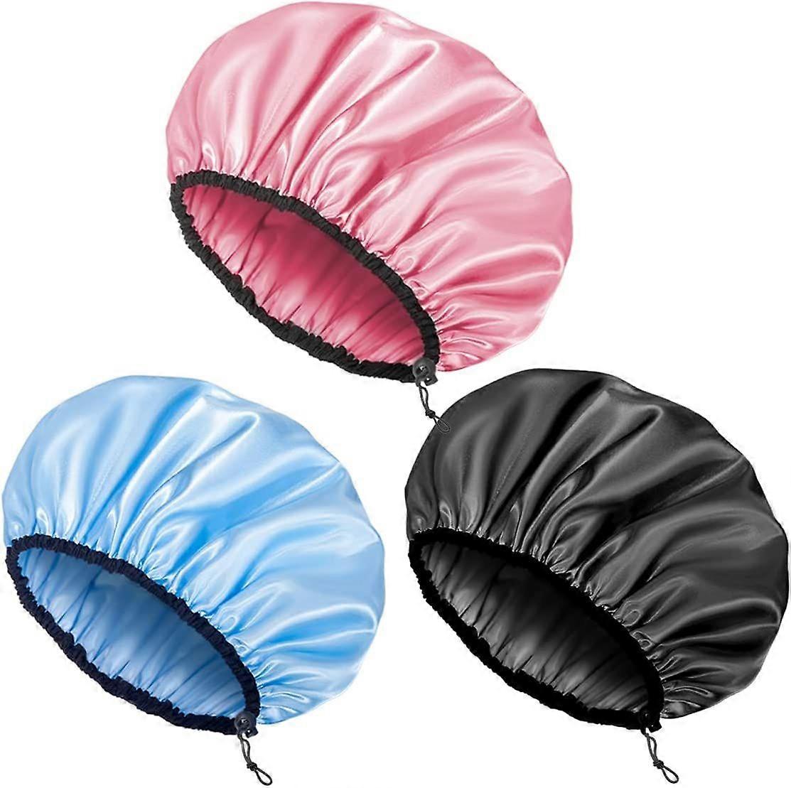 Waterproof Shower Cap - Extra Large Double-Layer Bathing Cap (Blue/Pink/Black, 3pcs)