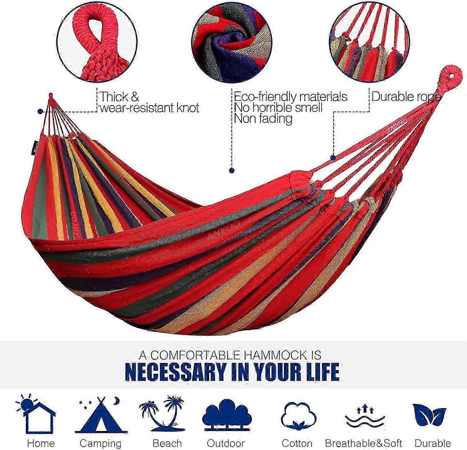 Anyoo Outdoor cotton multi-person hammock 260 x 150 cm, load capacity up to 200 kg, portable with carry bag for terrace courtyard garden