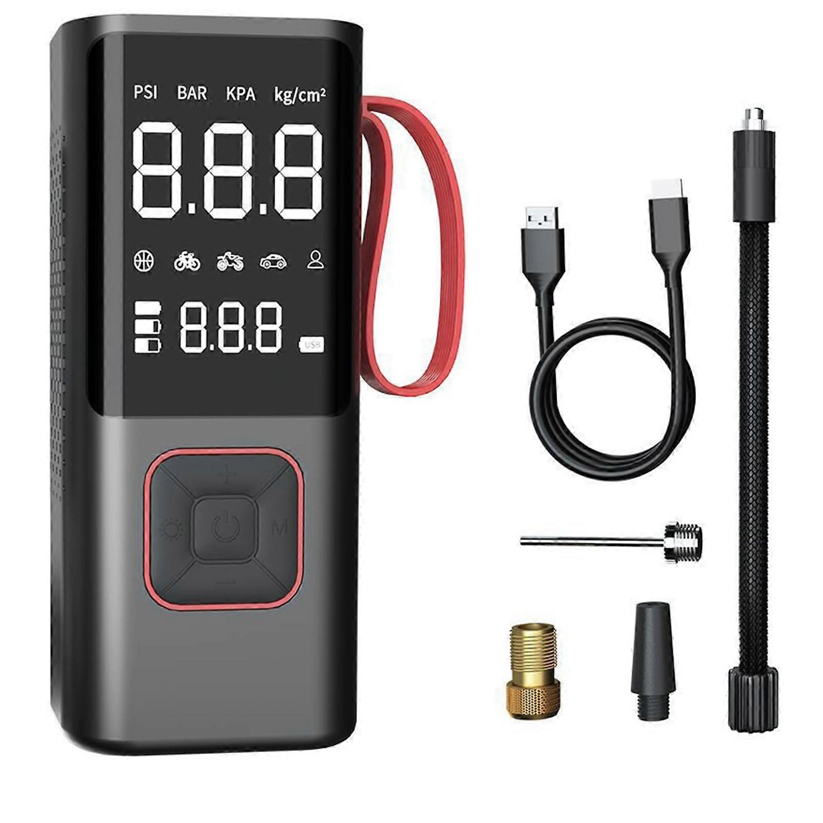 Multifunctional tire inflator with LED light, handheld air pump, versatile electric pump for vehicles and equipment.