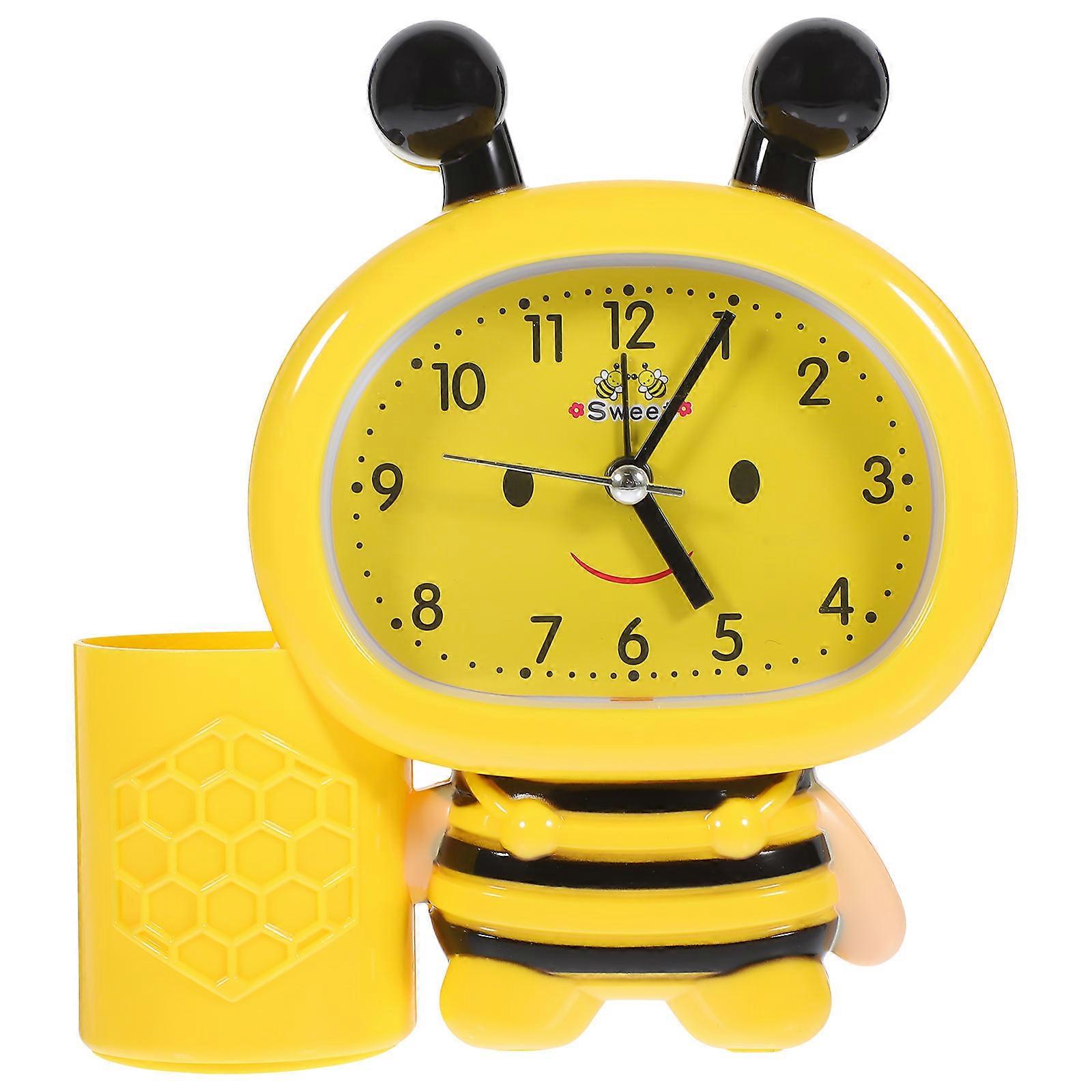 Bee Shaped Desktop Alarm Clock with Temperature Display, Sound Control, and Pen Holder, Yellow (Battery Not Included)