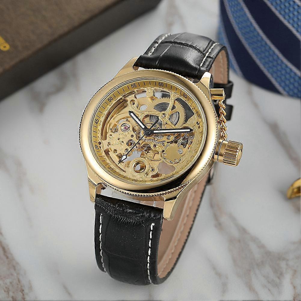 Automatic Mechanical Wristwatch 40mm Gold Black PU Leather Strap