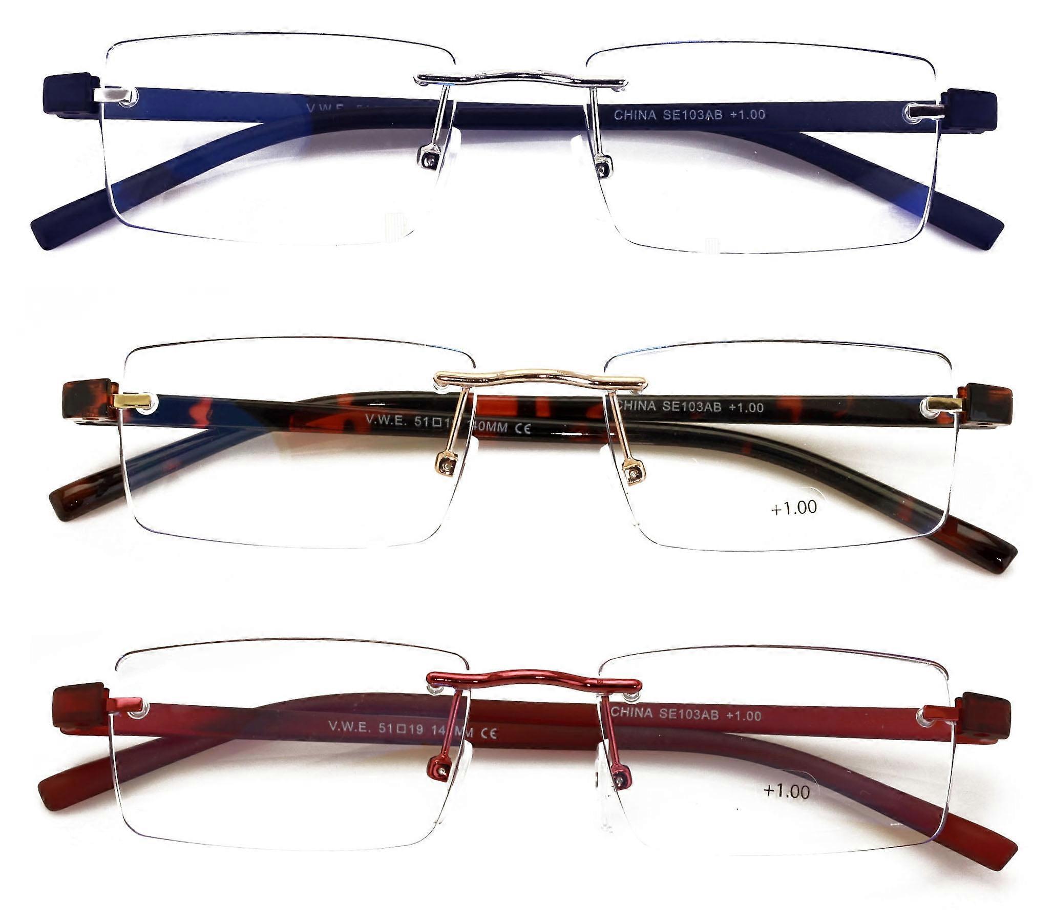 3 Pairs Lightweight Full Rimless Reading Glasses Metal with Flexible Temple - Rectangular Anti Blue Blocker Reader Clear Lens 3.00