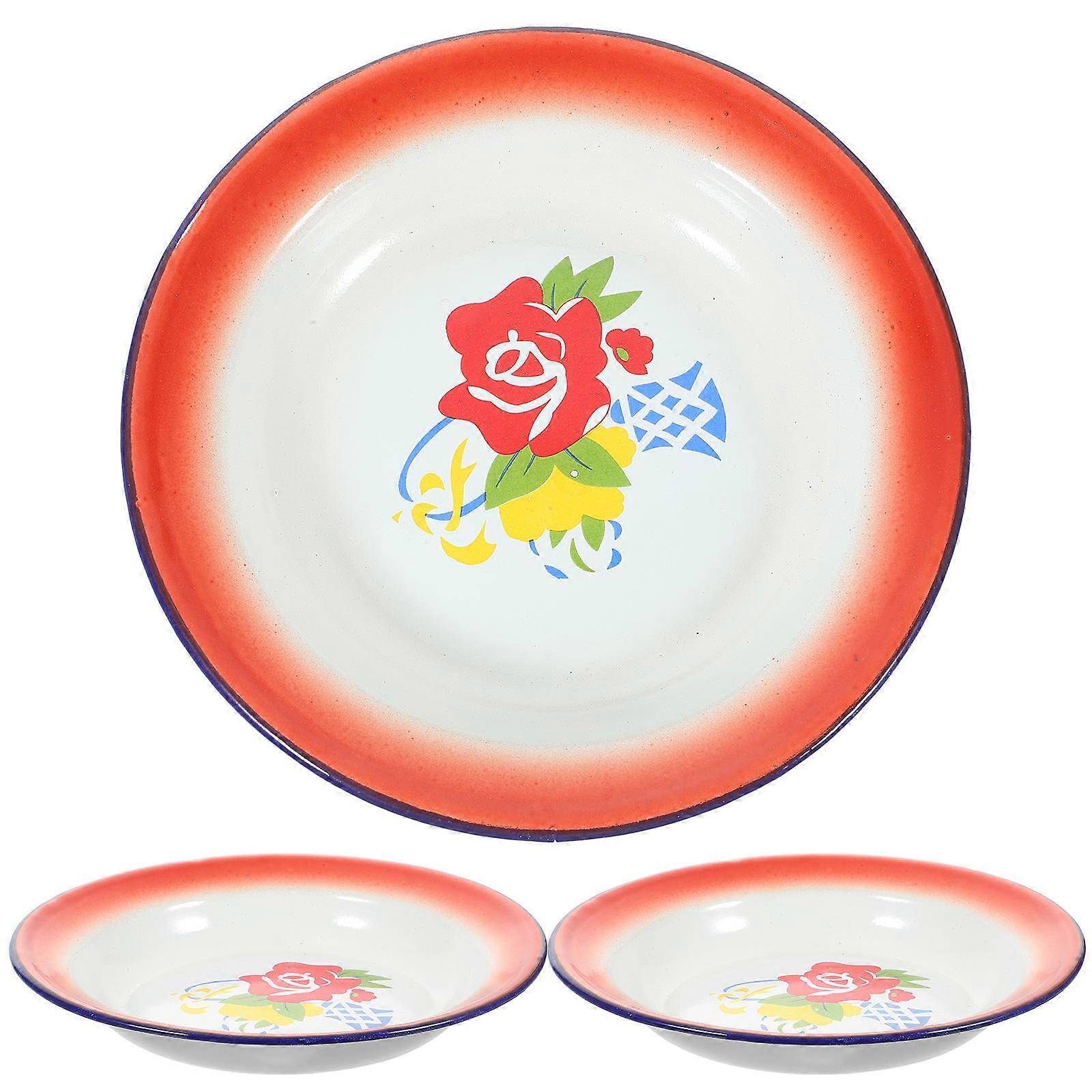 Retro Round Enamelware Plate for Food Serving 3Pcs Assorted Color