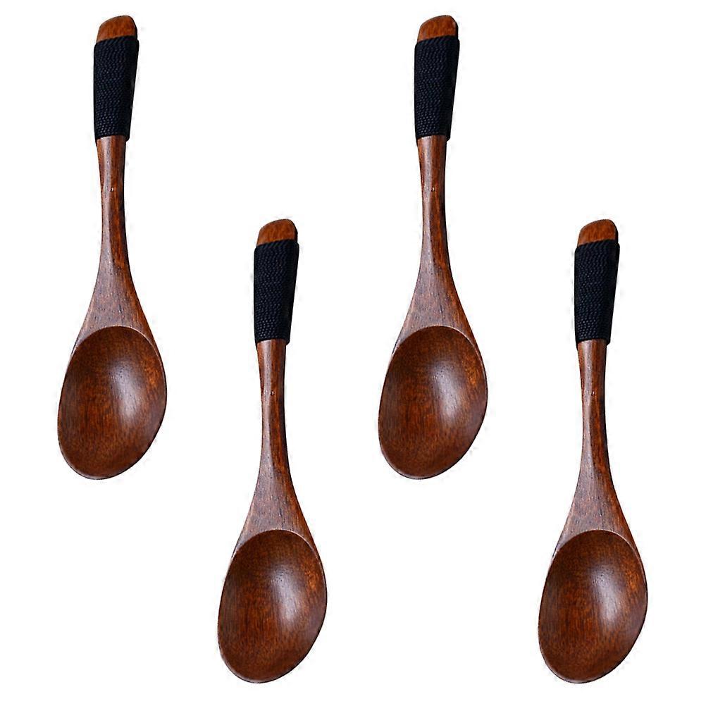 4Pcs Wooden Kids Soup Spoons with Tied Line Oval Head Design for Home Use Serving Natural Color and Elegant Style