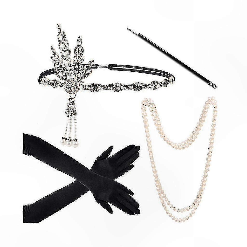 1920s Flapper Gatsby Costume Set with Feather Headband, Pearls & Cigarette Holder