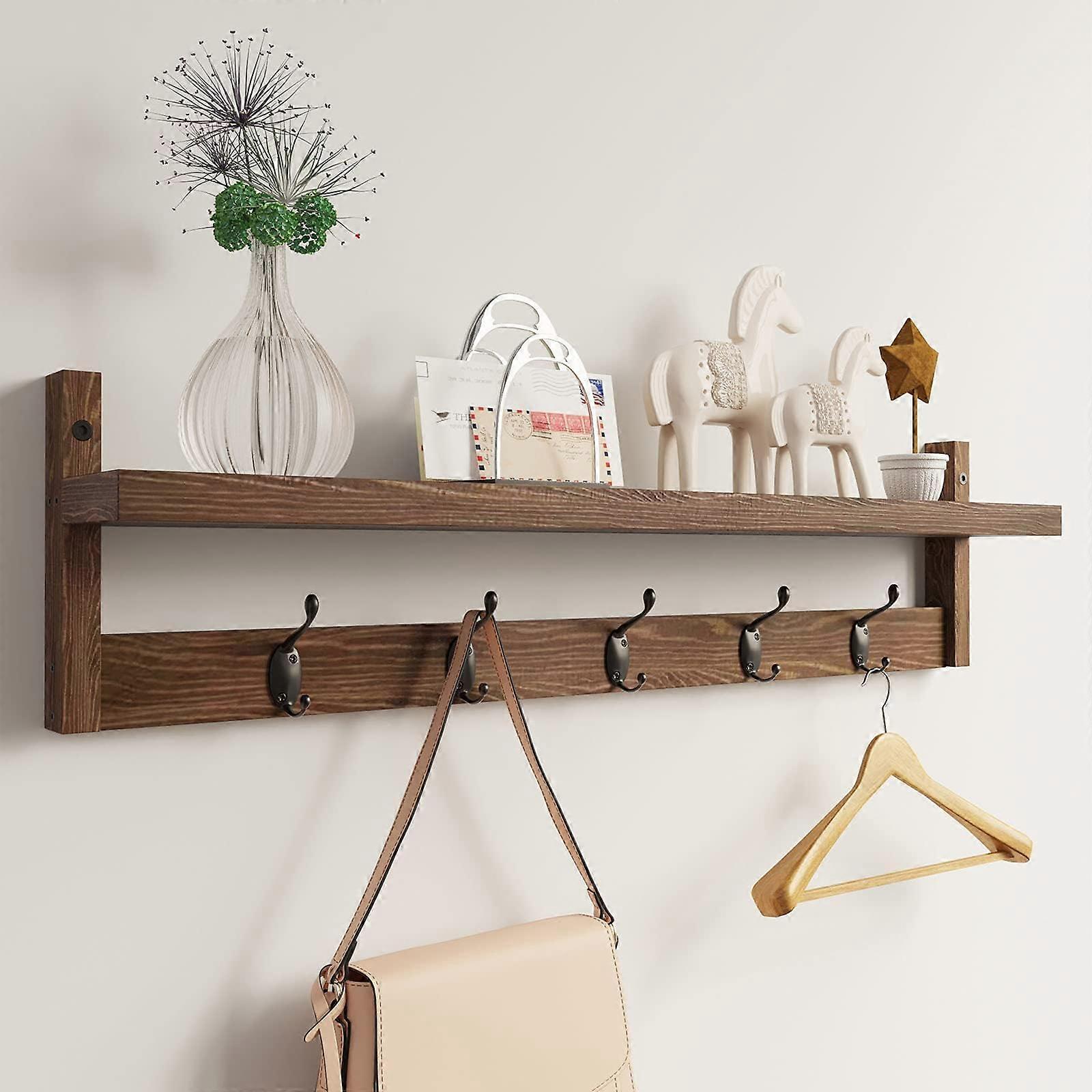 Wall Hooks with Shelf Wooden Coat Rack, 73.5 Cm, Wall Mounted Entryway, 5 Dual Hooks, Brown, 73.5 X 18.5 X 11.5 Cm