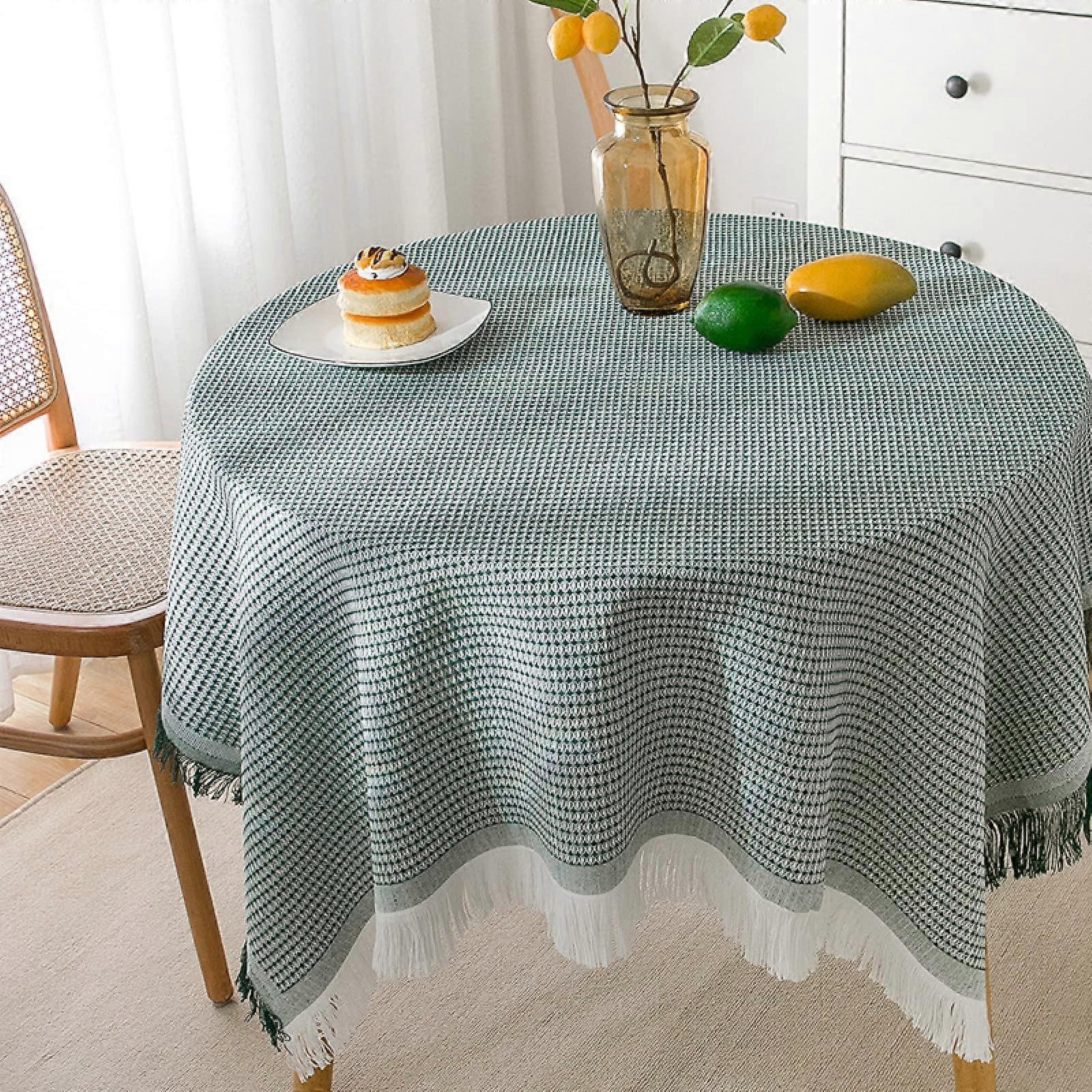 Tablecloth Rectangular 90x210 cm Cotton Linen With Tassel Lace Banquet Dining A02 Green and White Round Table 130x260 cm