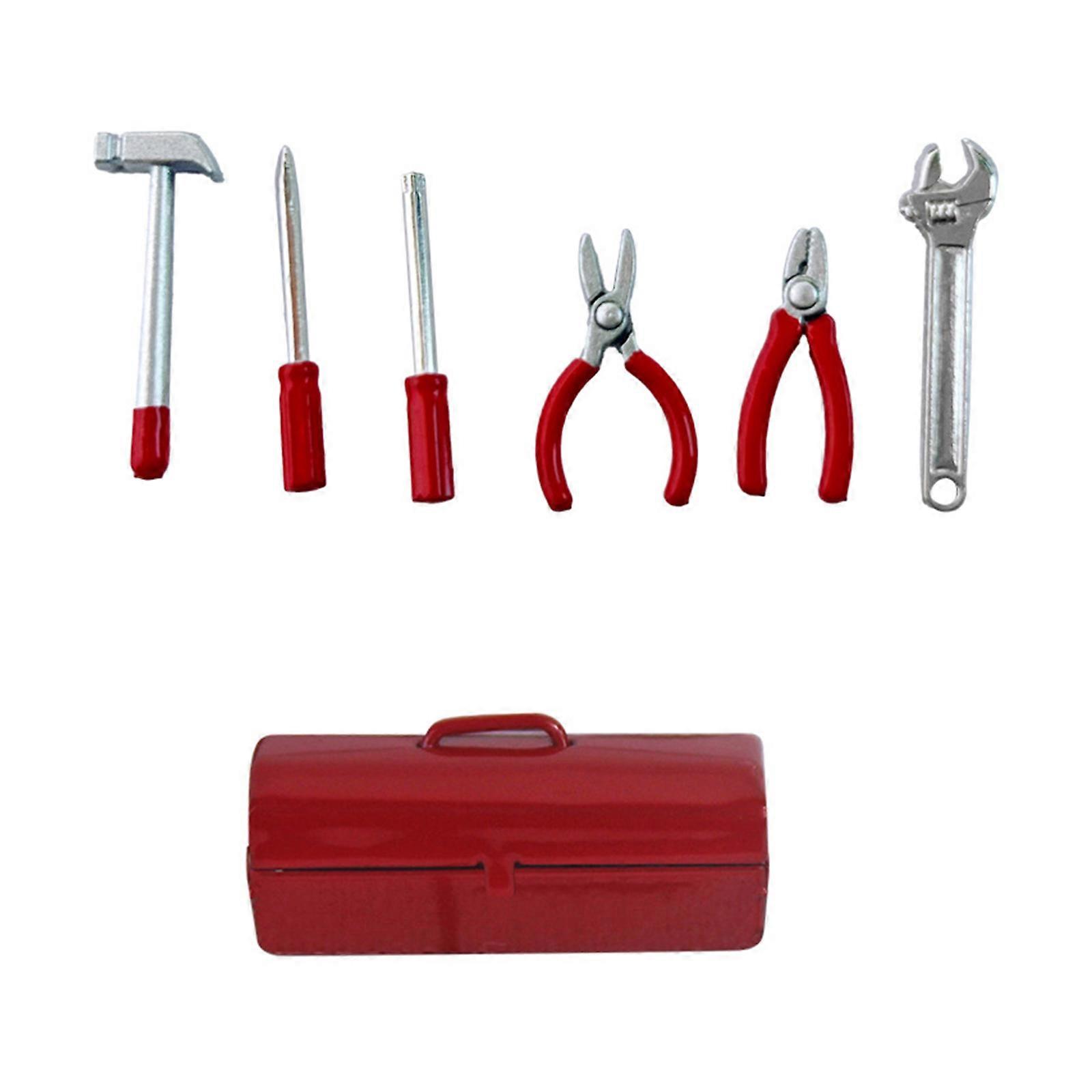 Doll House Toolbox Miniature Tool Kits Set With Hammer Screwdriver Wrench Pliers For Craft Model Project Displaying  Red