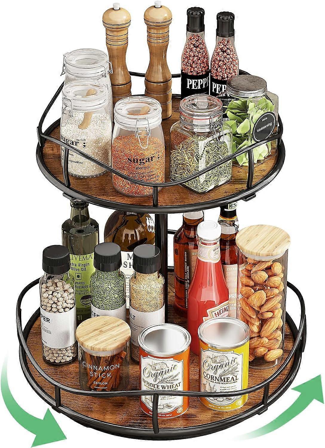 Lazy Susan Organizer Turntable Spice Rack - 2 Tier Wood Rotating Lazy Susan for Cabinet Pantry Kitchen Countertop Dining Table, Organization Storage