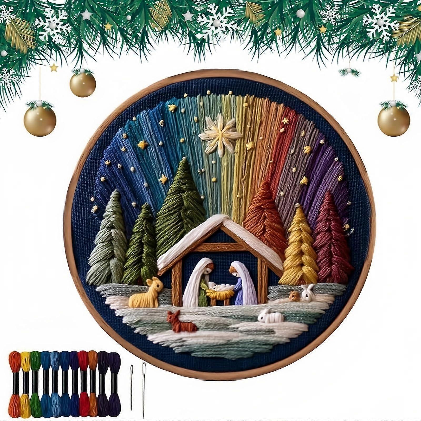 DIY Nativity Embroidery Kit with PrePrinted Fabric, Floss & Needles for Christmas Home Decor (A Style)