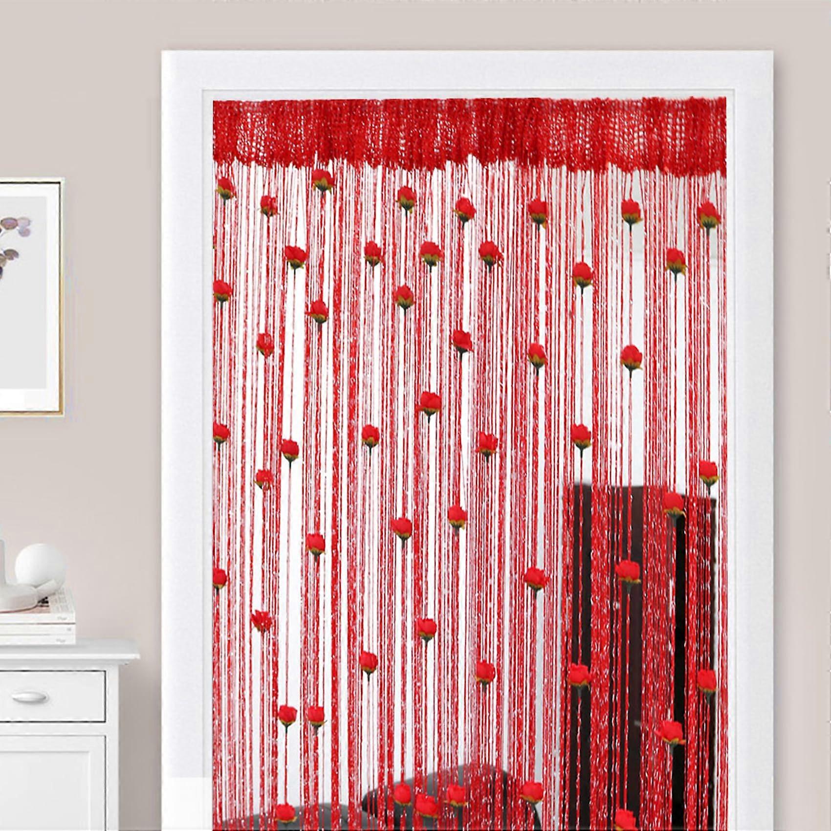 Doorway String Curtain with Rose Tassel Beads, Red Privacy Divider for Home Décor Windows and Doors