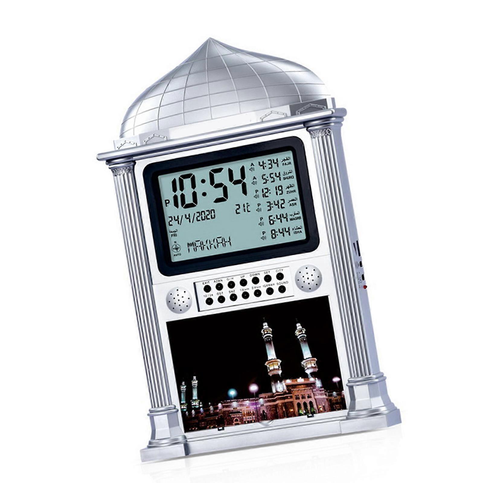 HA-4002 Multipurposed Clock Hijri Calendar with Azan Time Date Week Temperature Digital Display Tabletop Clock  Silver