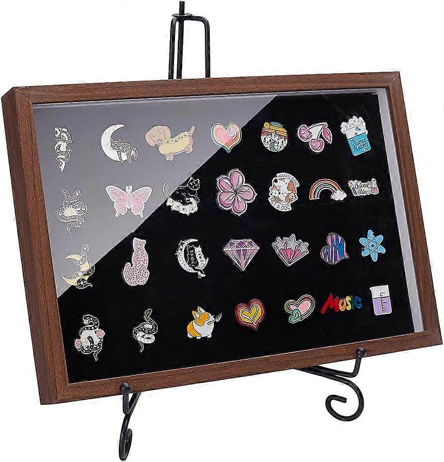 Shadow Box Pin Display Case with Tabletop Display Stand 12.6x8.7x1.3inch Coconut Brown Rectangle MDF Presentation Box with Acrylic Visible Window for 