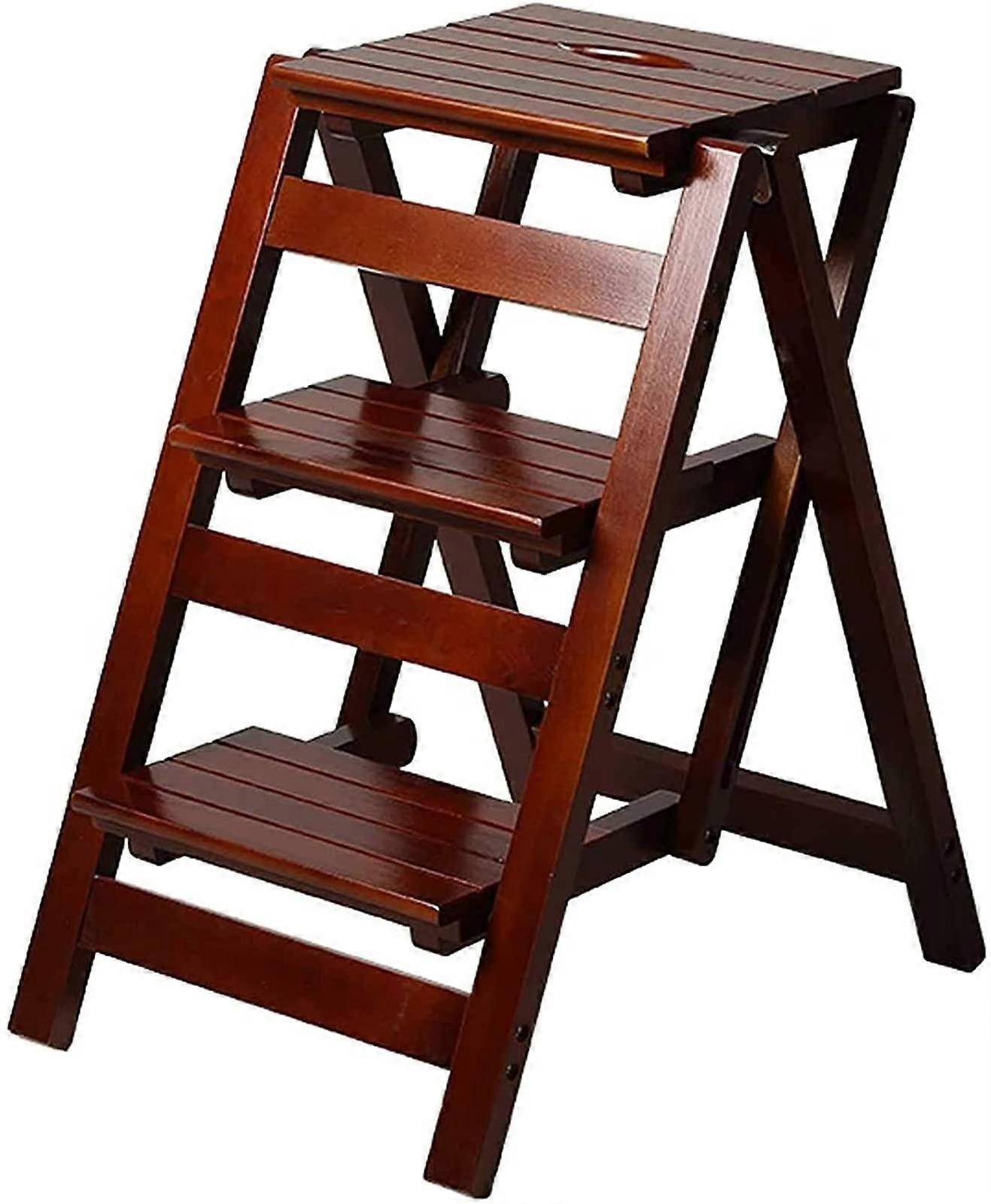 Wooden 3 Step Folding Ladder Chair for Home Library Garden Use, Sturdy 150KG Load (Dark Brown)