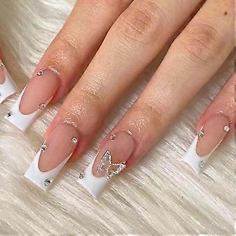 French Tip Press on Nails Medium Square White Fake Nails with Rhinestone Butterfly Design Glue on Nails for Women Acrylic False Nails Stick on Nails