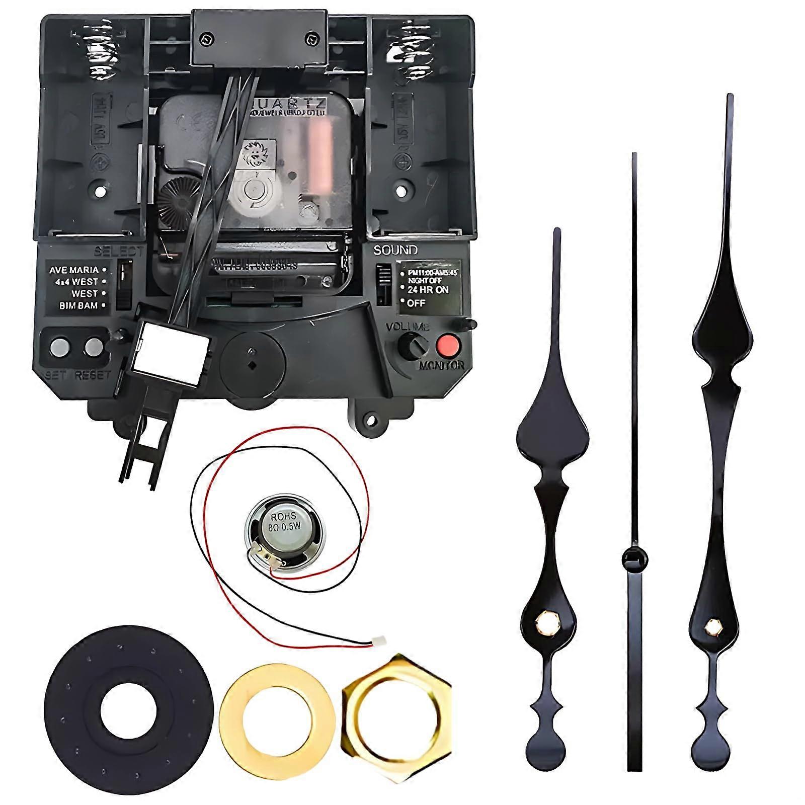 Quartz Clock Movement Kit with Hourly Chime, Night ShutOff, 4 Melodies, Adjustable Volume, Black Speaker