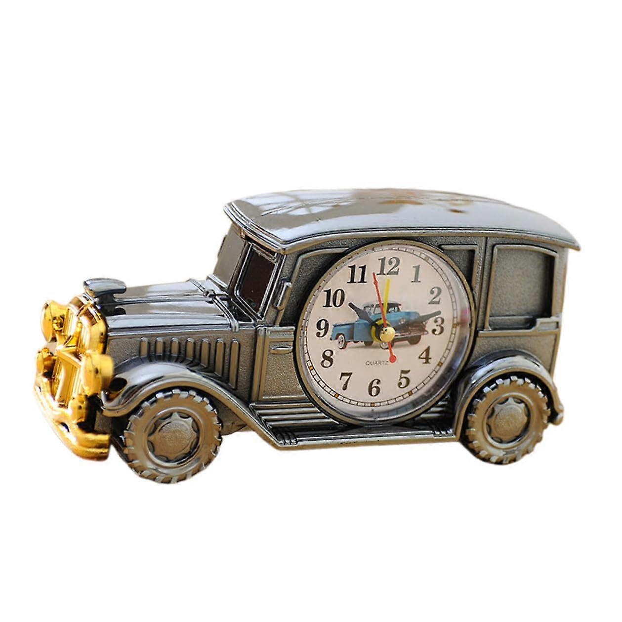 Vintage Classic Car Shape Alarm Clock Retro Style Silent Analog Desk Clock for Home Office Dorm Black Silver