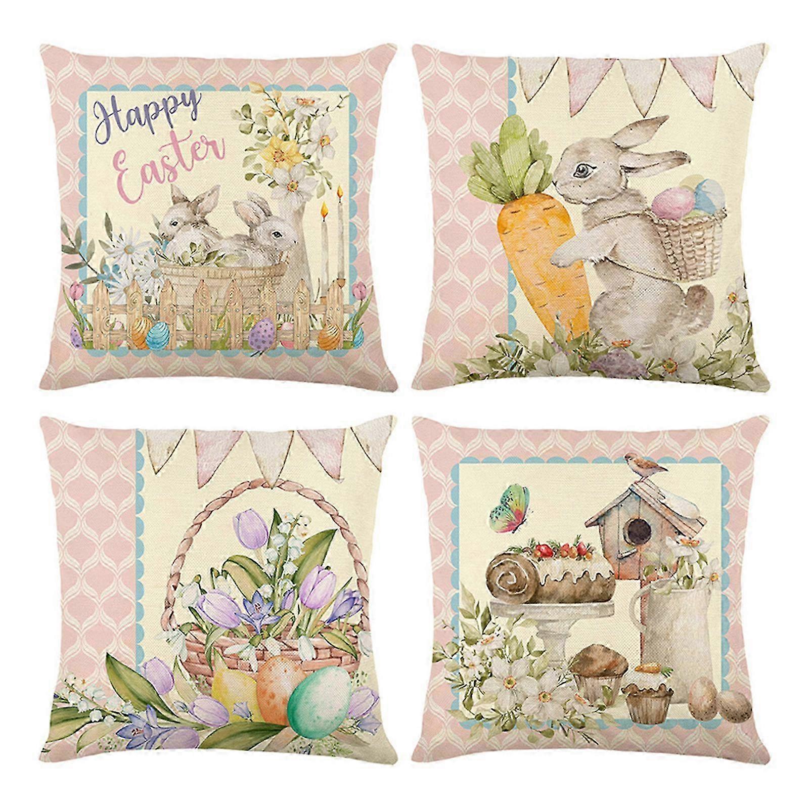 2026 Easter Theme Pillow Covers, Rabbit & Egg Print, 45x45cm, 4-Pack