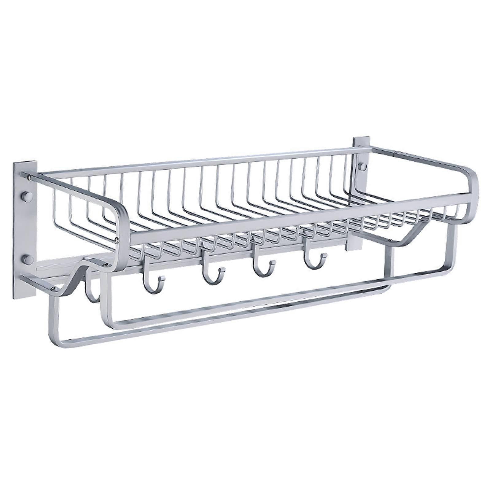 Bathroom Wall Shelf with Dual Towel Bars, Large Capacity Floating Design, Silver, 57cm