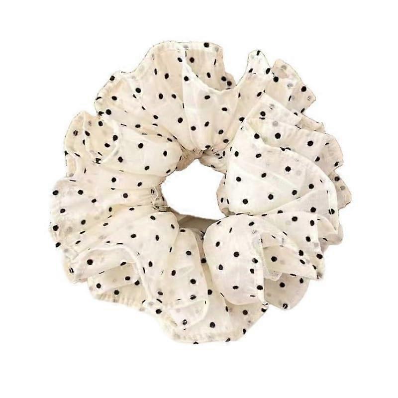 Beige Silk Scrunchie for Women with Polka Dot Pattern, Multi Layer Hair Tie for Ponytail