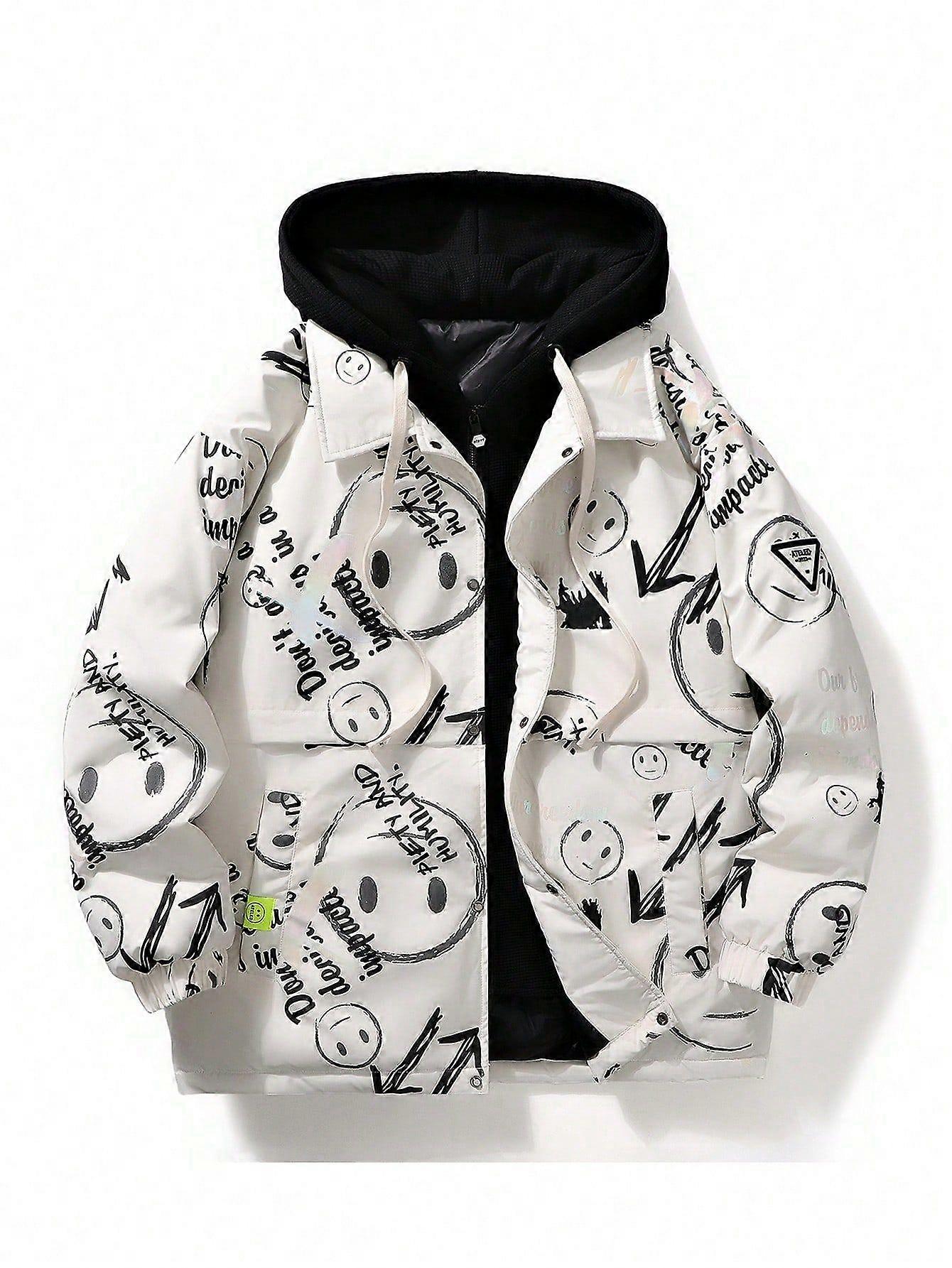 Men Cartoon Graphic Zip Up Down Coat