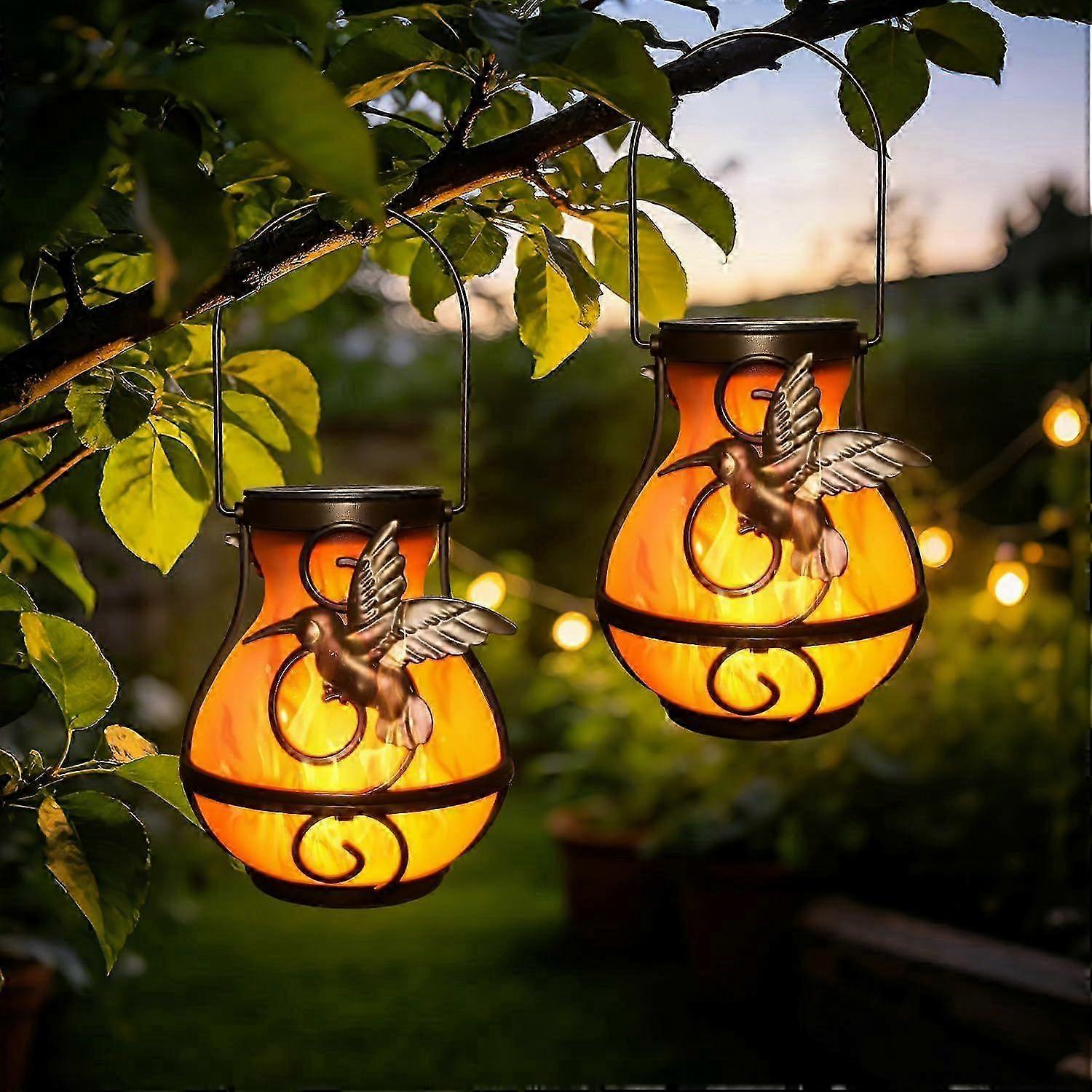 Solar-Powered Dancing Flame LED Hanging Outdoor Lights, 2 Pack Garden Set