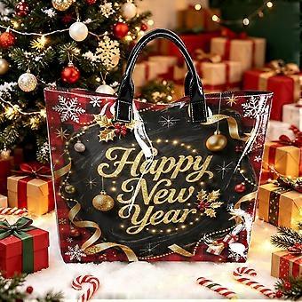 Happy New Year Tote Bag, Gold foil Happy New Year text print, PVC and Polyester Reusable Shopping Carryall, 44 x 31 x 12.5 cm, for Holiday Errands