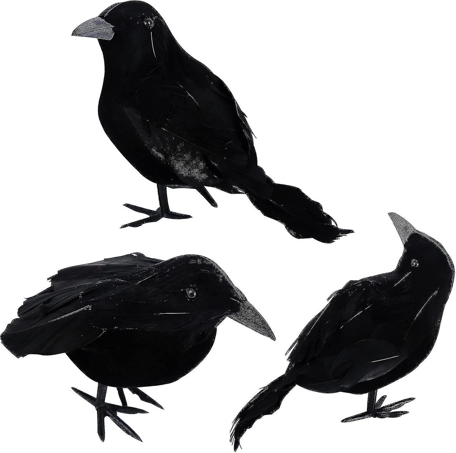 3-pack Realistic Feathered Crows - Spooky Halloween Bird Decorations