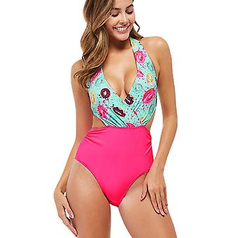 Veeki Women's One Piece Swimsuit V Neck Tummy Control Cross Back Vintage Swimwear Bathing Suits, Rose Pink, S