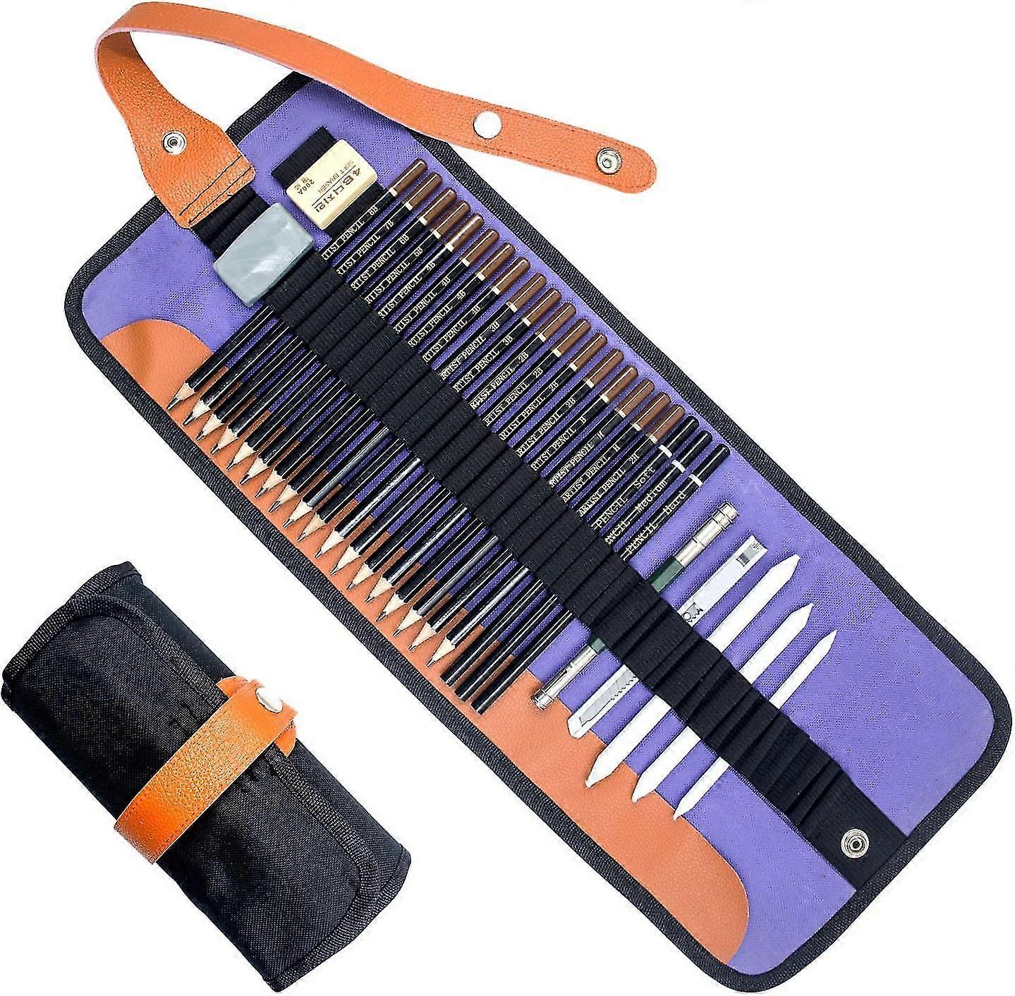 Drawing Pencils Set, Sketching Pencils Set, Art Set With Graphite Pencils, Charcoal Pencils, Blending Stumps, Pencil Extension Tool In Roll Up Case Fo