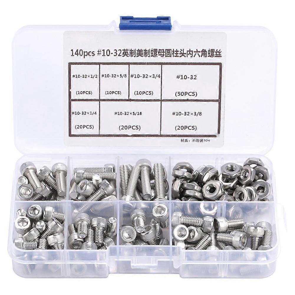 140pcs #10-32 Stainless Steel Hex Socket Cap Head Bolts Hex Screw Assortment Kit