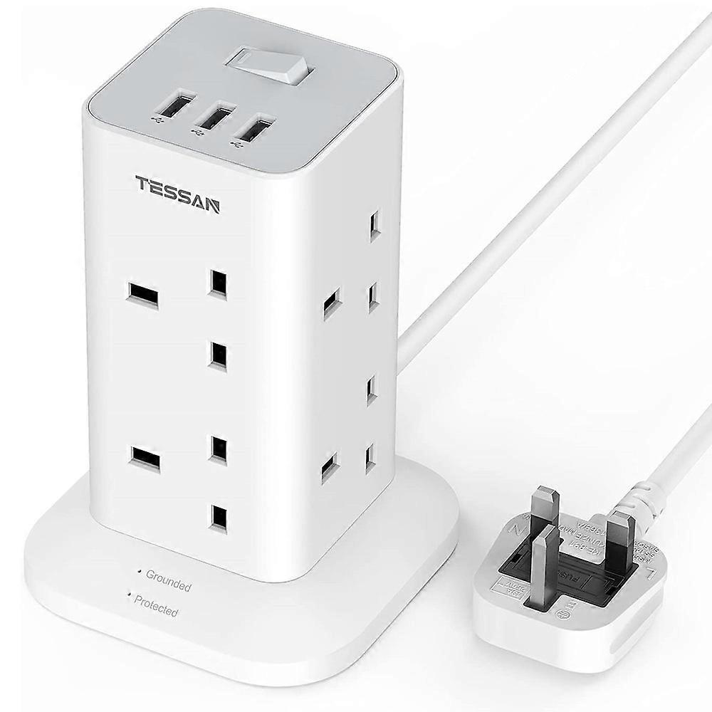 TESSAN - Power Strip with 8 AC Outlets and 3 USB Ports, Overload Protection Tower with 2m Cable, 11 in 1 UK Plug