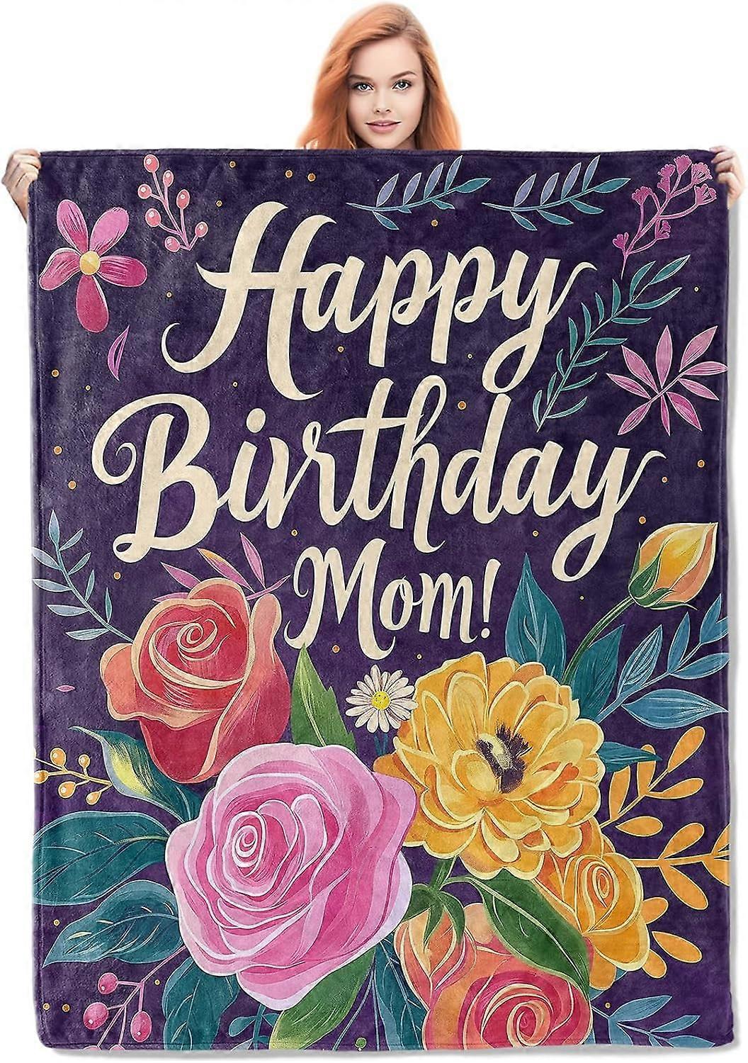 Happy Birthday Mom Throw Blanket, Soft Cozy Fleece Blanket with Floral Birthday Print, Lightweight Warm Blanket for Couch Bed Sofa, for Mothers, 50x60