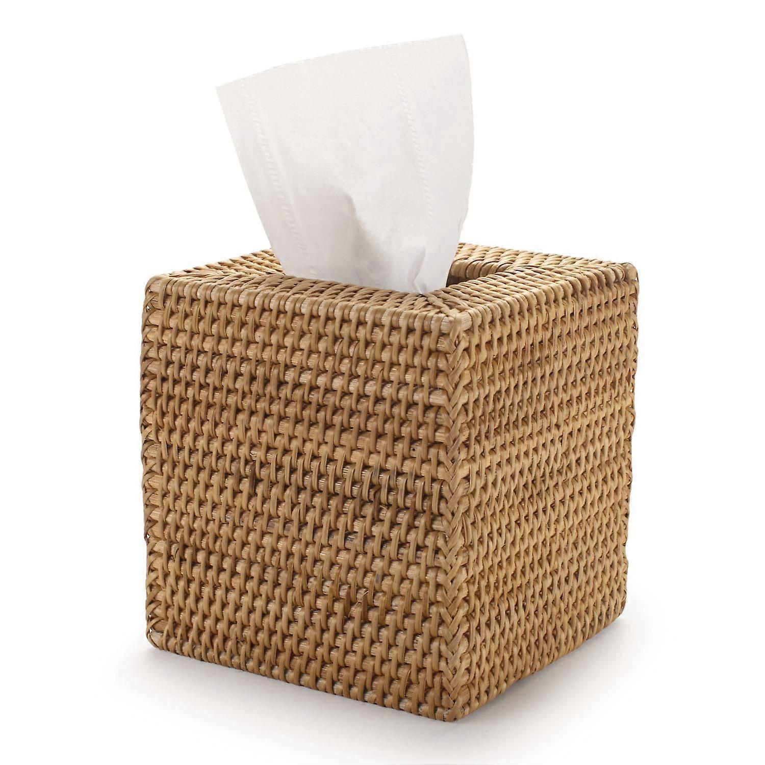 Rattan Tissue Box Cover Τετράγωνο, Χειροποίητο Ψάθινο Tissue Holder, 5,5 x 5,5 X 5,7 ίντσα, Φυσικό