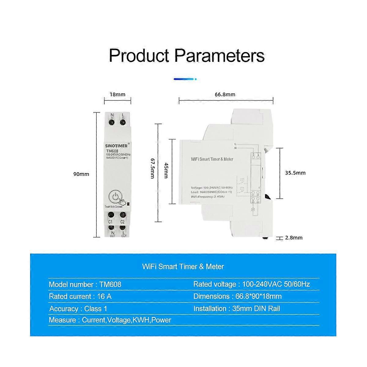 Misuratore Di Energia WiFi Intelligente 16A TM608 - Contatore Elettrico Monofase Per Guida DIN, 100-240V, Controllo Da App, Programmazione Timer E Condivisione