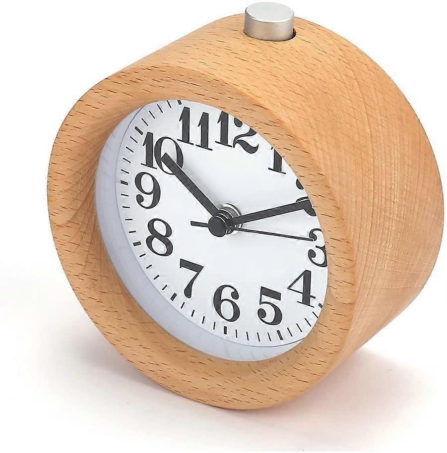 Wekity Analogue Wooden Alarm Clock, Retro Table Clock of Round Shape Mute Snooze Alarm Clock with Nightlight
