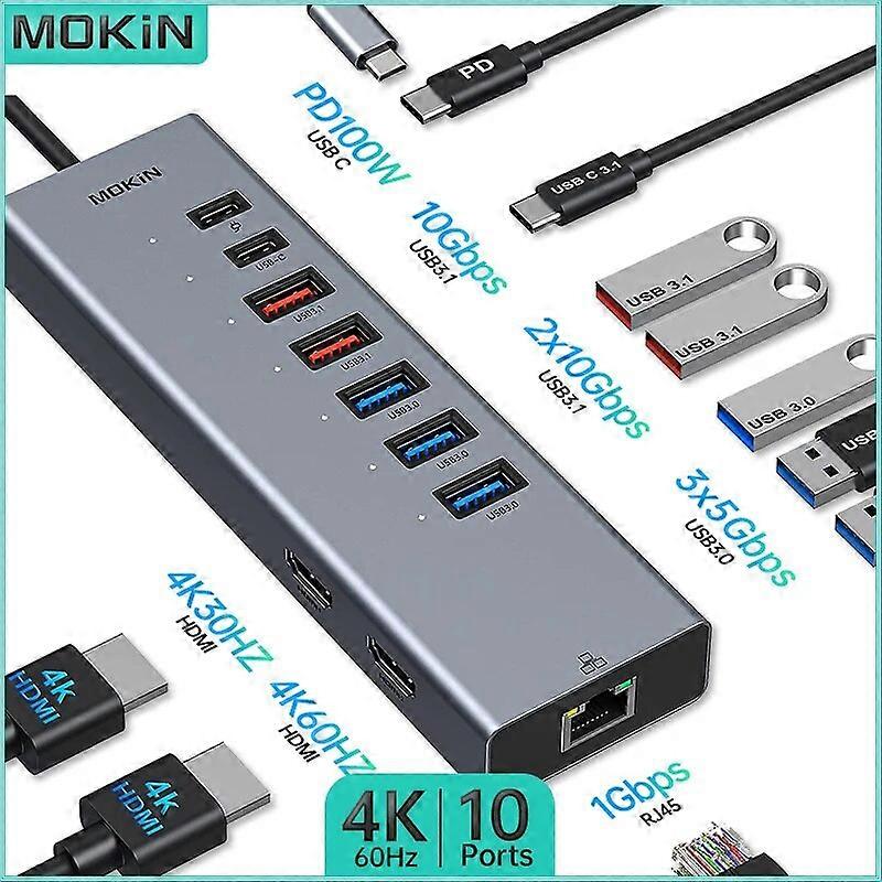 MOKiN 10 in 1 Docking Station for MacBook Air Pro iPad Thunderbolt Laptop USB3.1 Type C HDMI 4K60Hz PD 100W RJ45 1Gbps