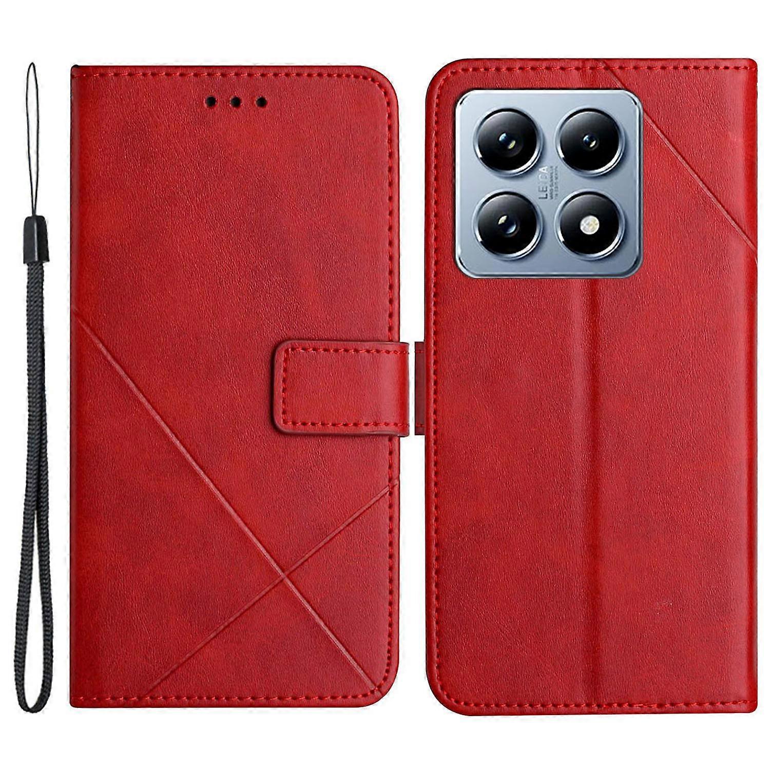 For Xiaomi 14T Pro Leather Case Line Pattern Wallet Phone Cover - Red