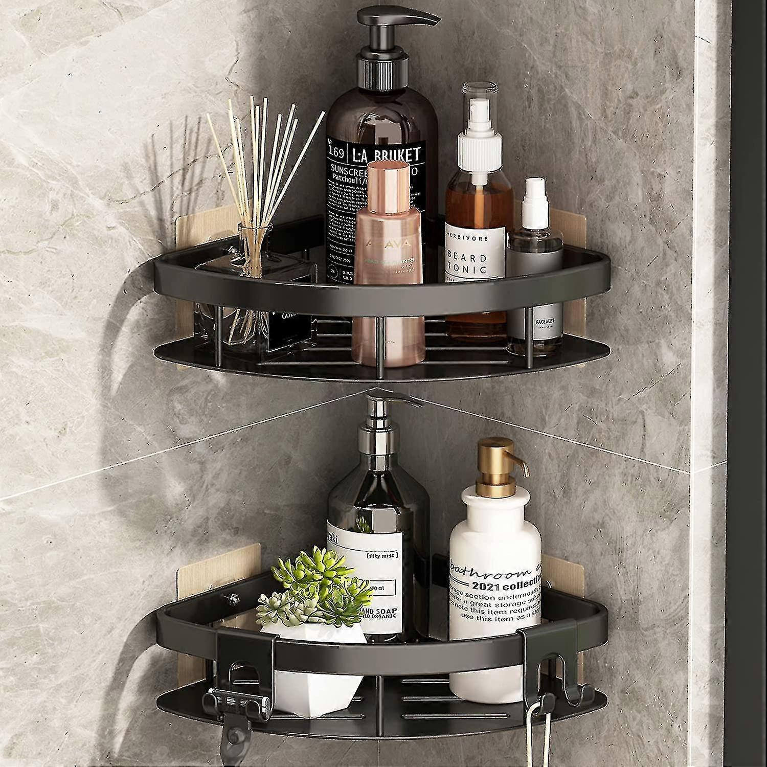 Shower Caddy No Drilling Corner Shower Shelf With Hooks And Shaving Holder, Rustproof Self-adhesive Corner Shelf Shower Baskets Bathroom Shelf Wall Sh